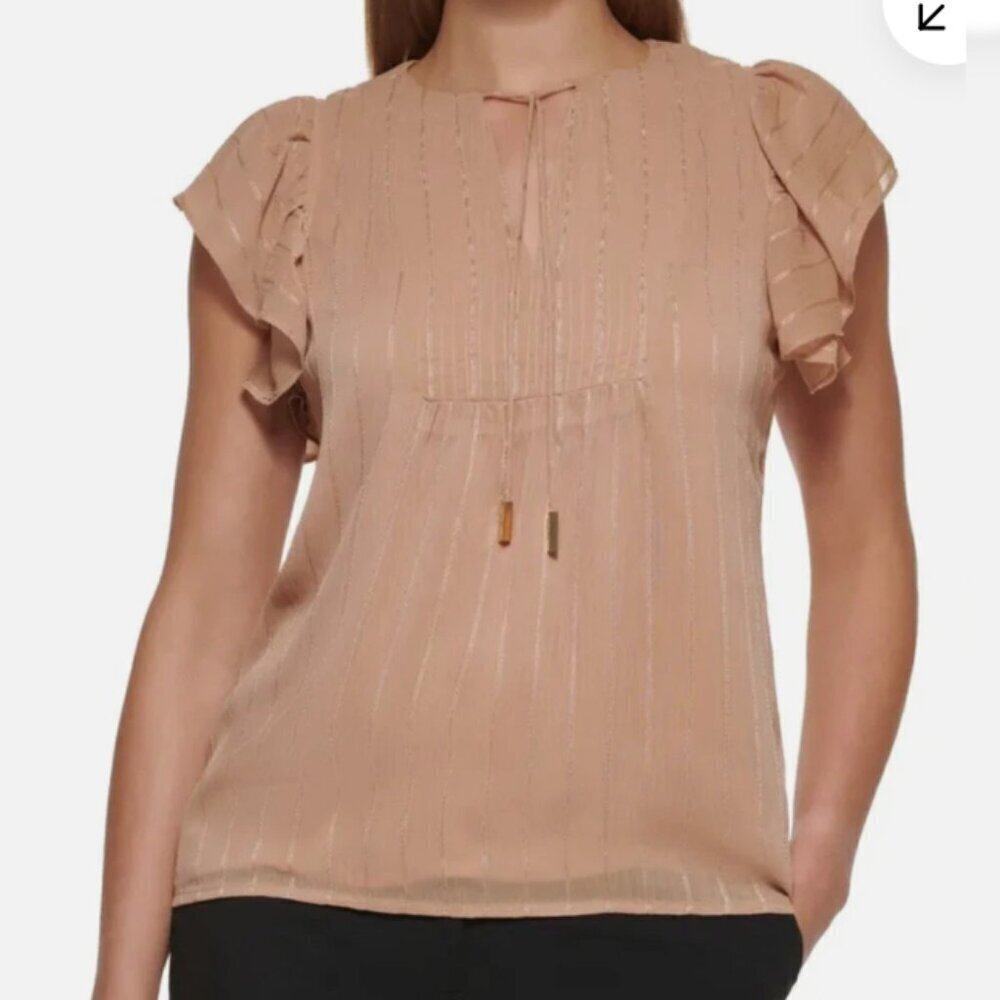 DKNY Women’s Tie Bib Front Lined Flutter Sleeve V-Neck Top